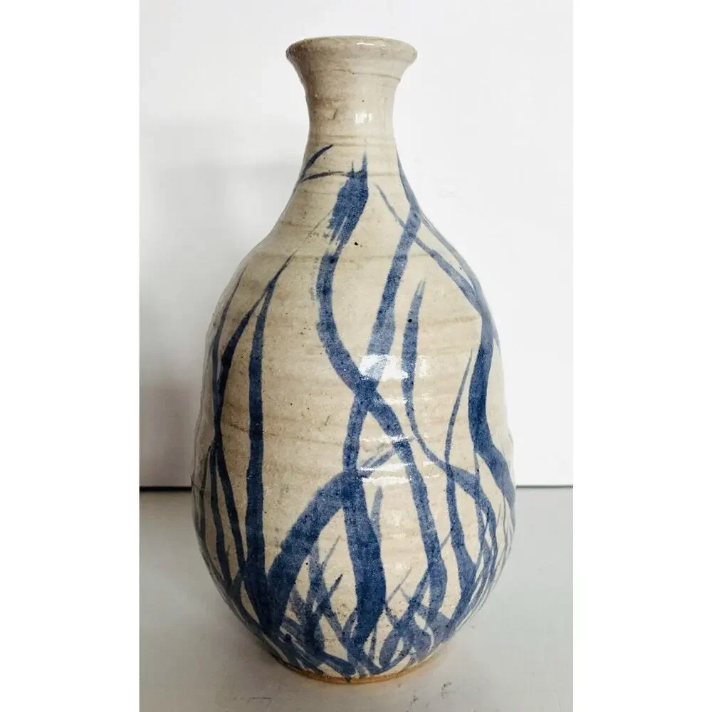Vintage Blue Bamboo Hand Thrown Round Bottom Slender Neck Signed 1972 Pottery